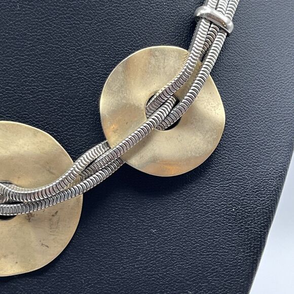 Vintage Modernist Goldtone Hammered Discs On 3 Strand Silvertone Chain Necklace - Picture 4 of 7